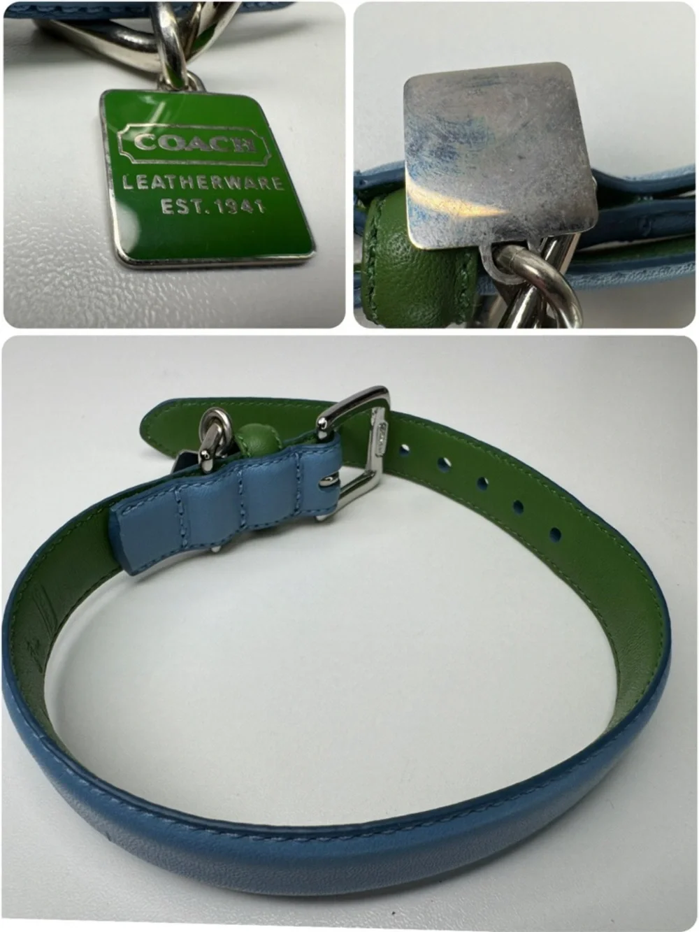Coach Green Blue  Leather Vintage Y2 K ID Tag Size S Small 11-13” Dog Collar